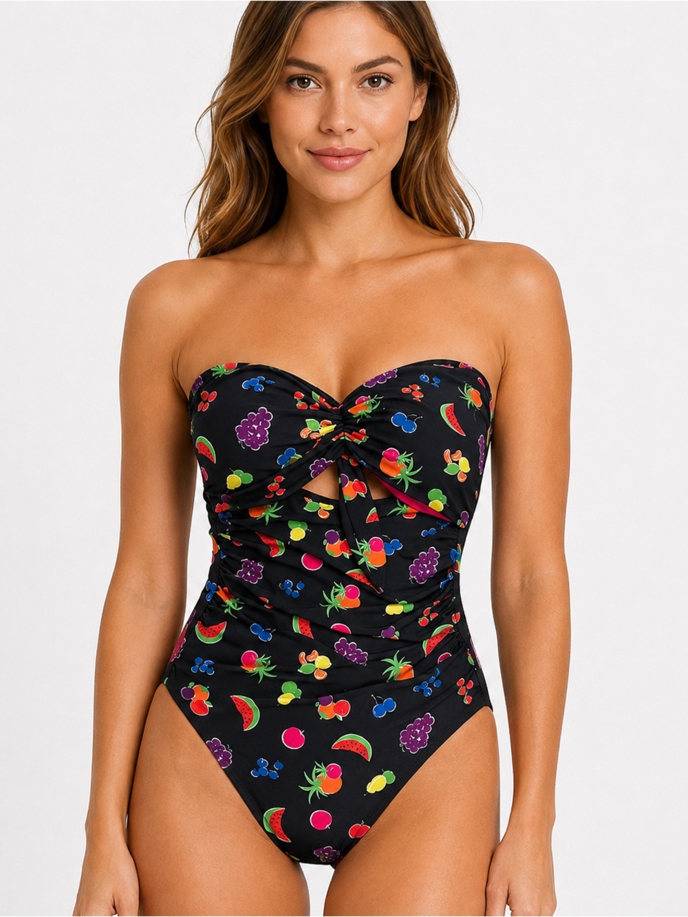 Kate Spade NWT Fruit Print Strapless One Piece Swimsuit Black Multicolor Size M